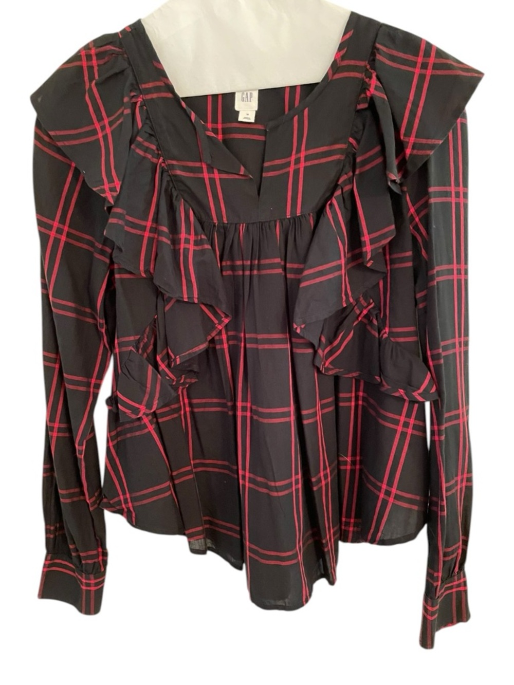GAP Cascade Ruffle Black Red Plaid Shirt Size M Boho Romantic Holiday